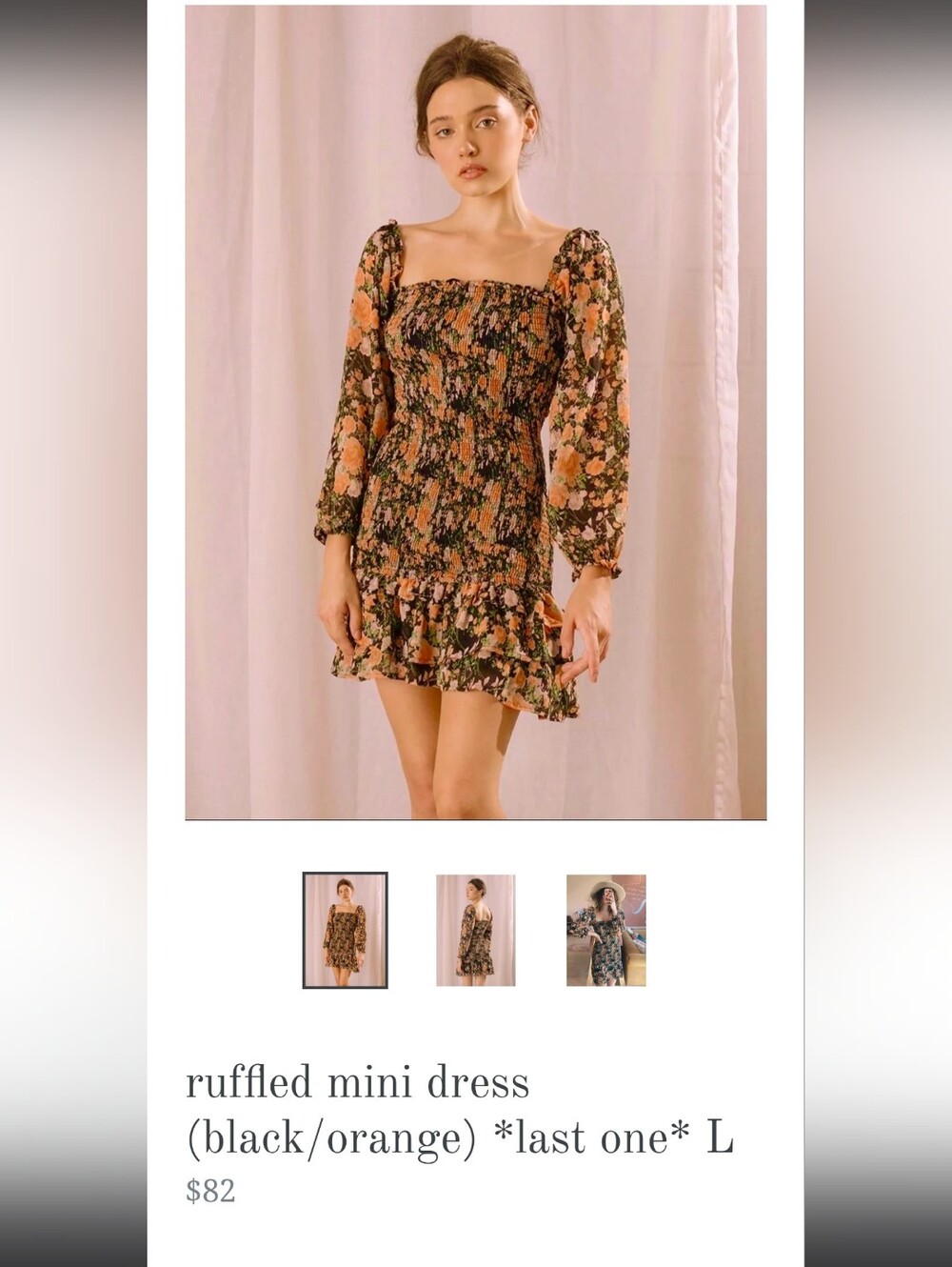 Storia Black with Peach Floral Print Mini Dress With Ruffles